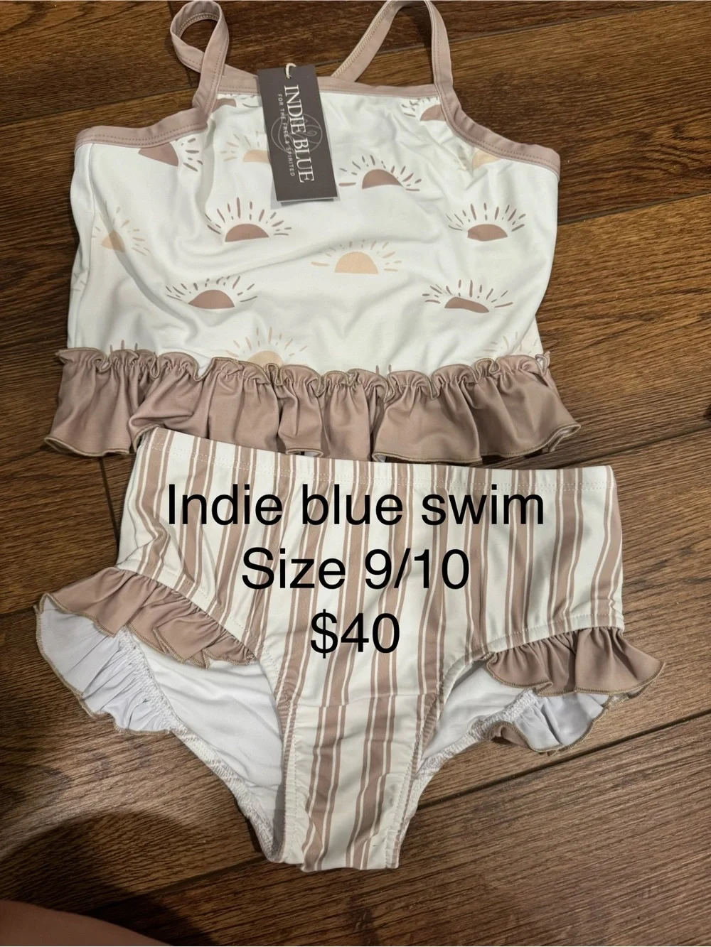 Indie Blue Girls' Two-Piece Swim Set in Taupe & White - Size 9/10